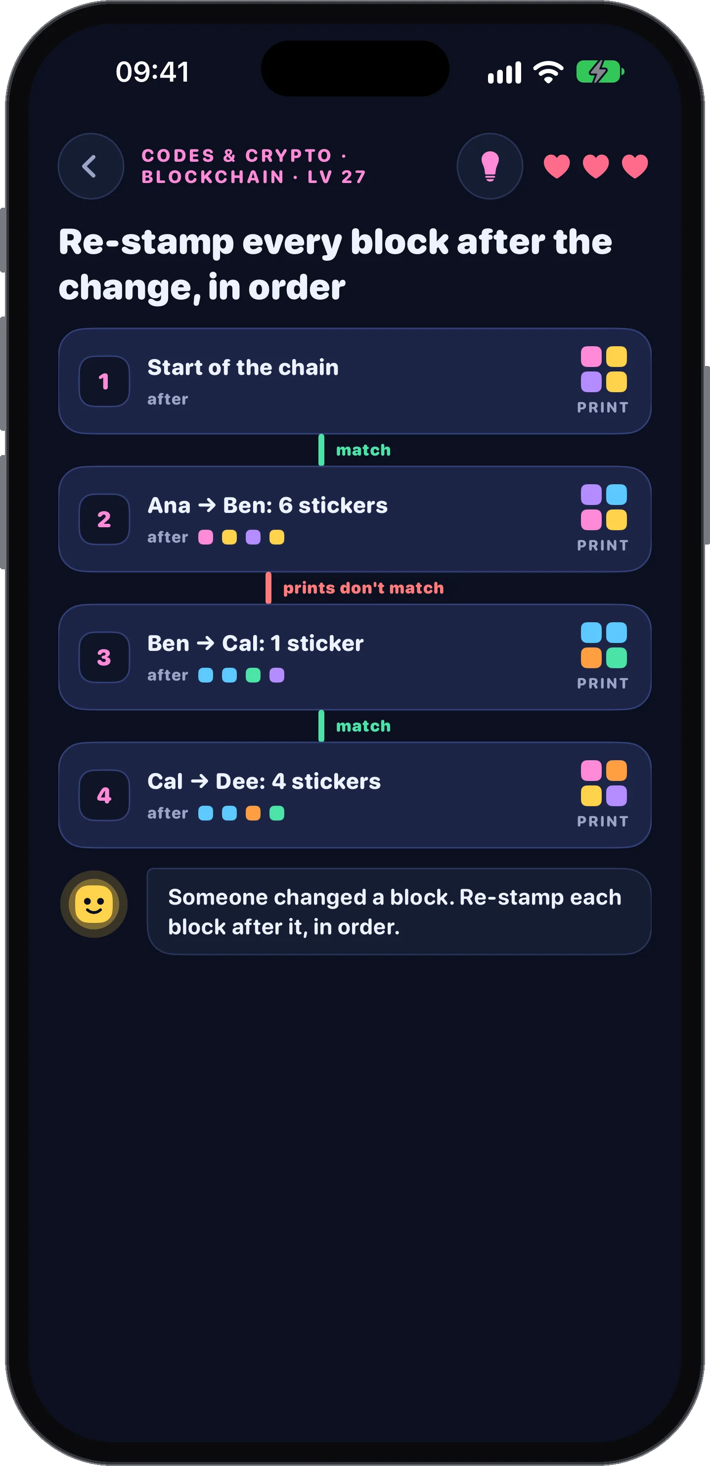 Re-stamping blocks in a blockchain of pretend sticker trades