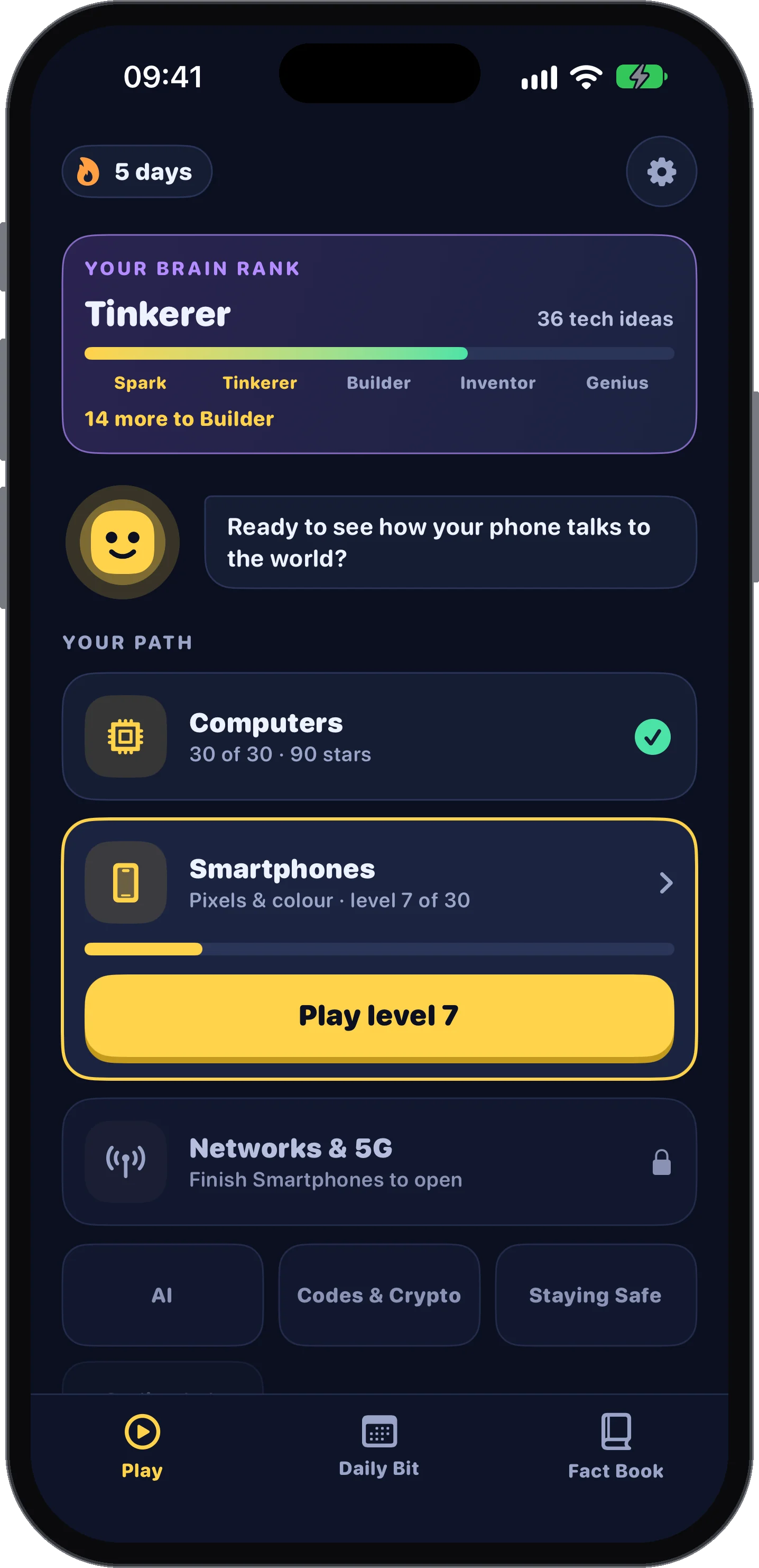 Blip home screen with the brain rank and the six worlds