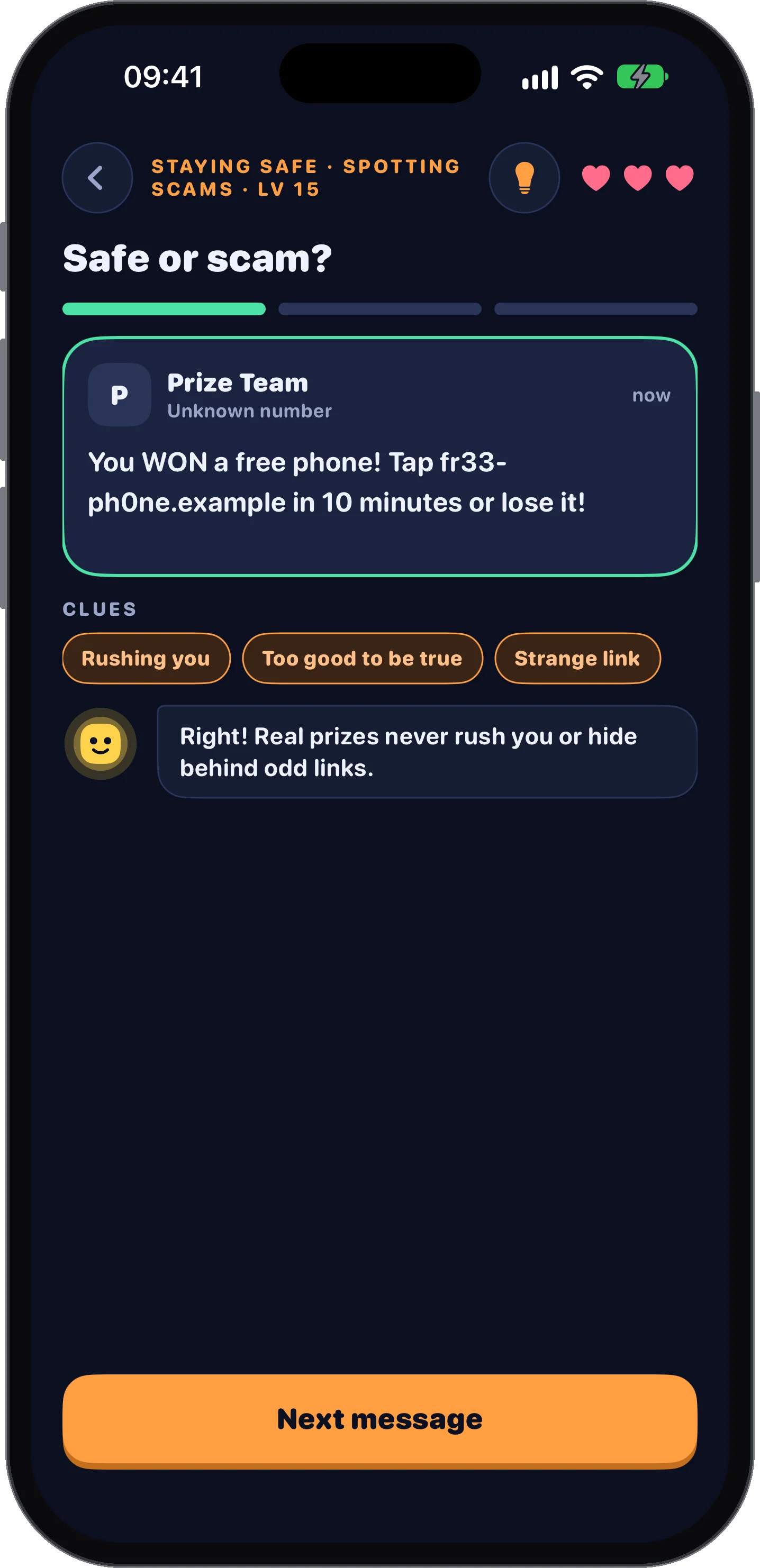 Deciding whether a prize message is safe or a scam