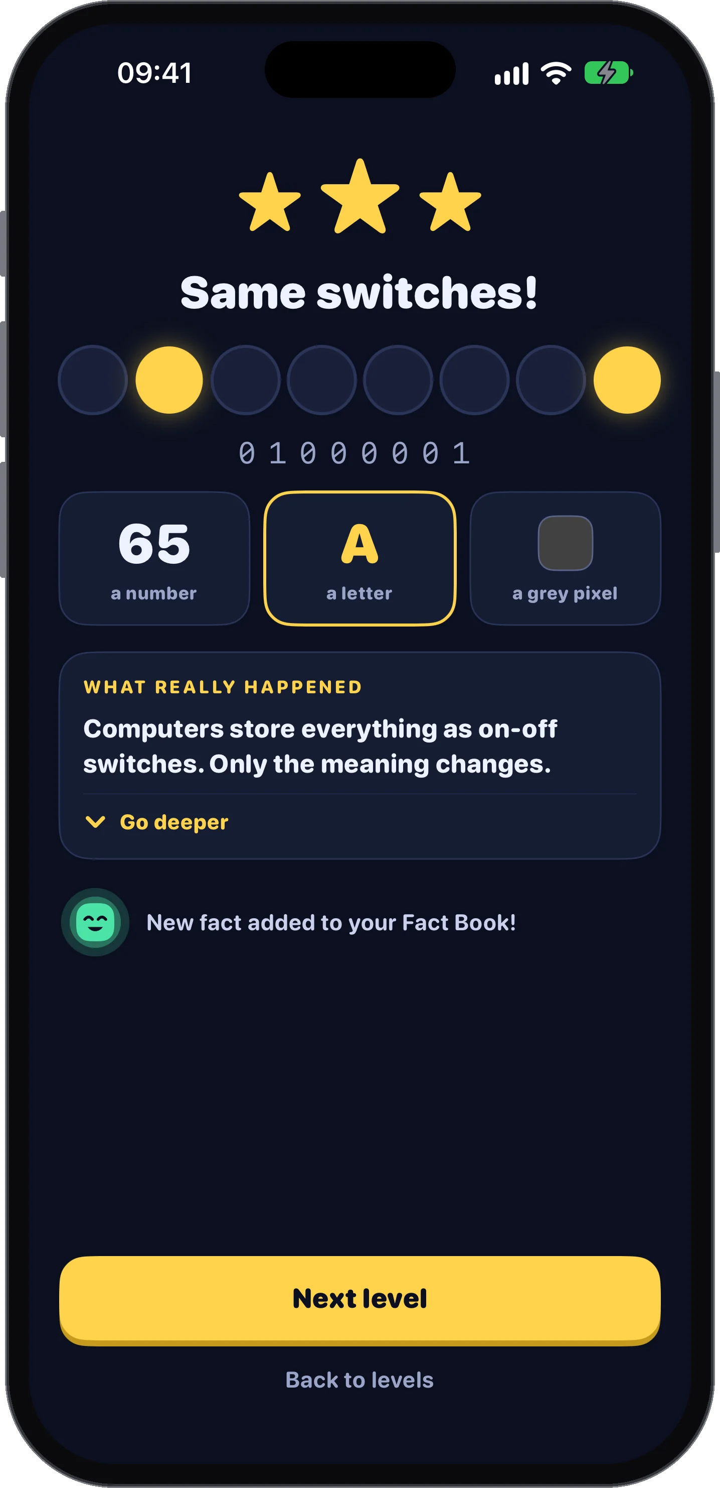 Win card explaining that computers store everything as on-off switches