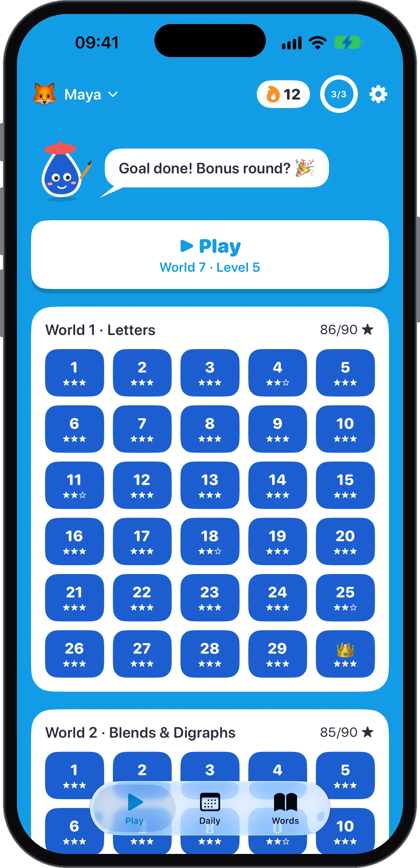 Wordsmith home screen with the level map